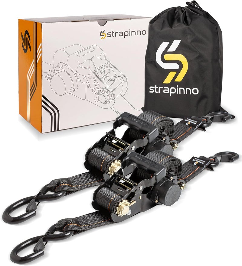 Strapinno Retractable Ratchet Tie-Down Straps,5,000 lbs Breaking Strength- 2 in x 12 ft Heavy Duty Ratchet Strap with Safety Lock S Hooks for Motorcycles, ATVs, UTVs, Lawn Equipment & Cargo (Black) - Image 1